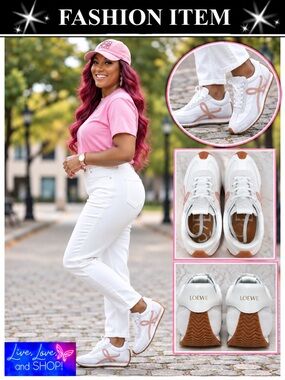 GYM SHOES: White and Brown Sneakers w/Pink Ribbon Accent, Unisex, NWOT